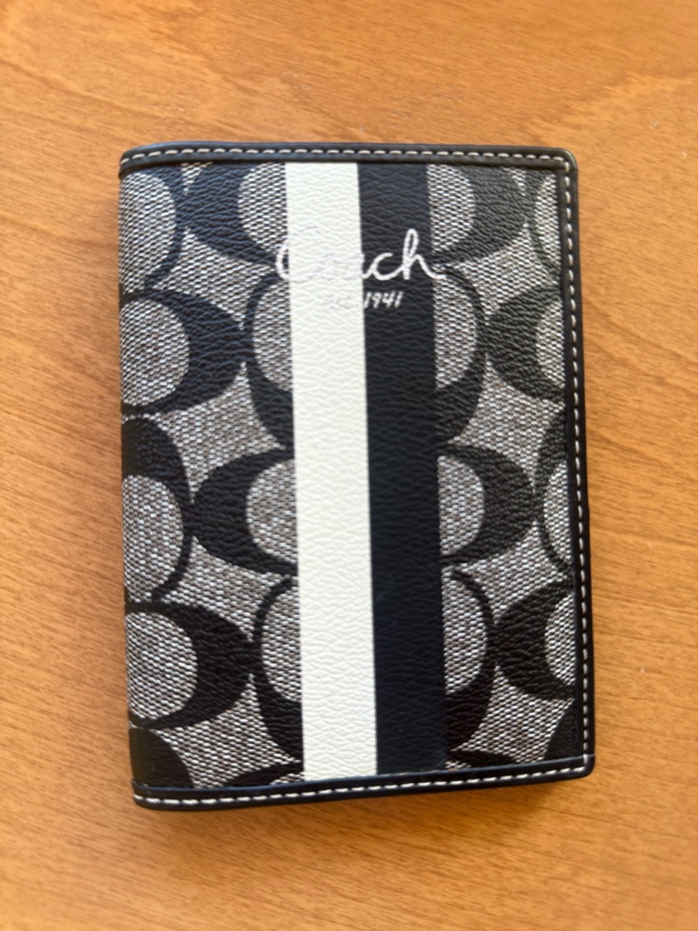 Coach Black & White Signature Stripe Passport Cover